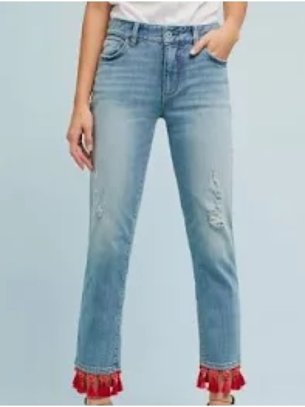 Pilcro and the Letterpress Light Blue Straight-Leg Jeans with Red Ruffle Hem